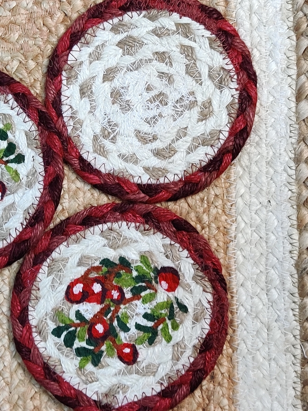 Set Of 2 Handmade Woven Coasters with Red Berry Motif